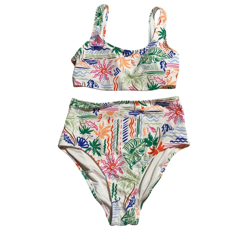 Old Navy Bikini Set Medium Women White Tropical Palm Tree High Waist Swimsuit